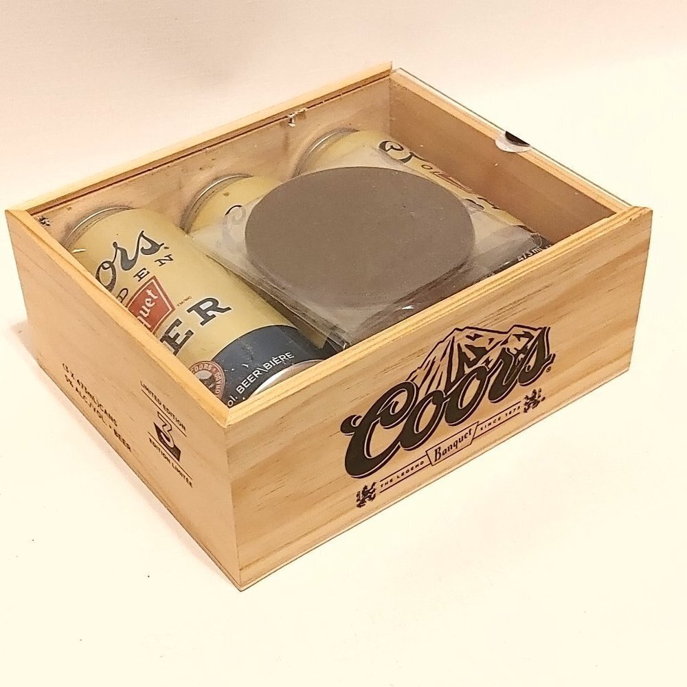 Rare Coors Banquet Gift Set Sealed Wooden Box with Coasters